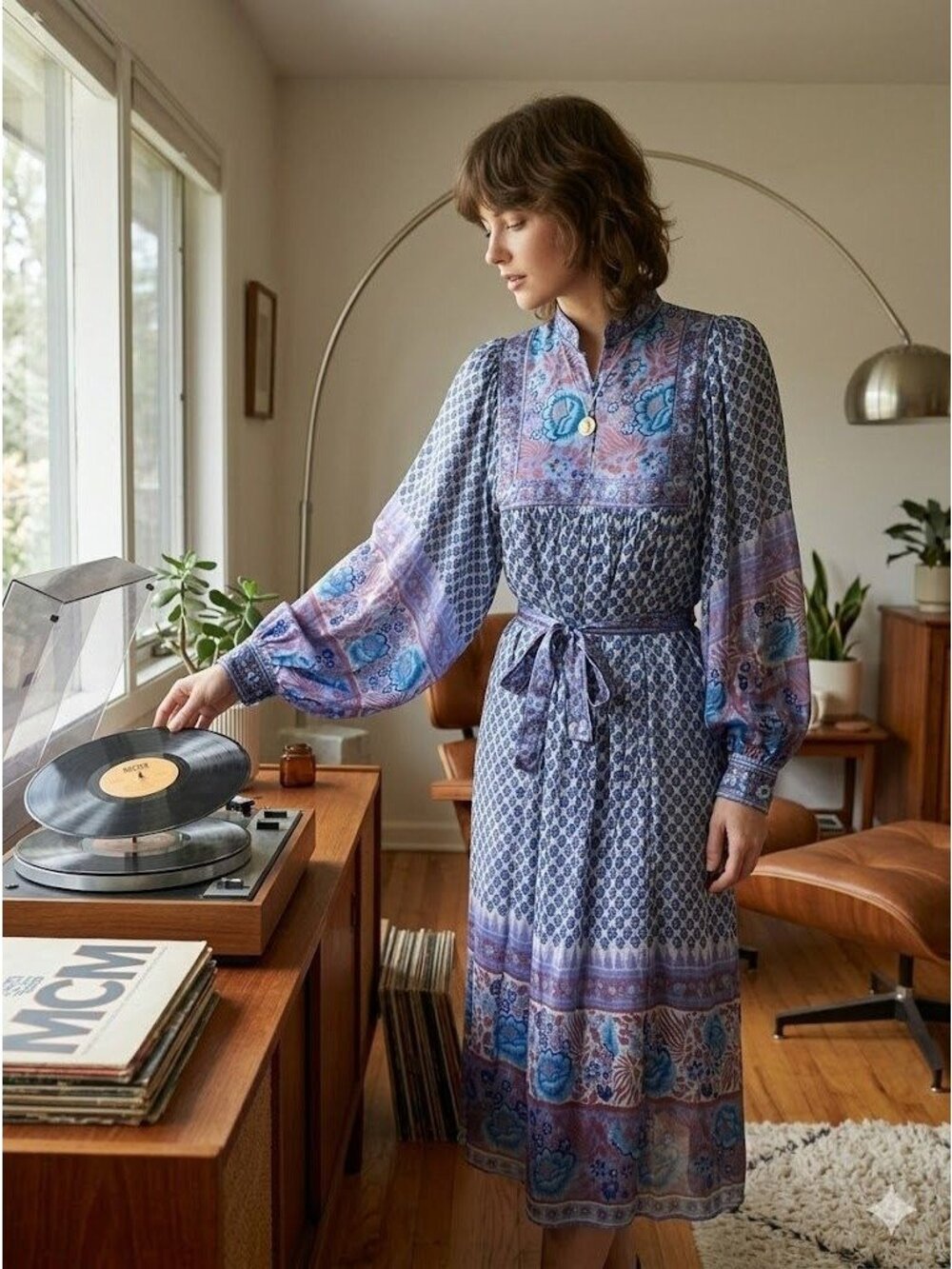 Vintage 70s Ritu Kumar Judith Ann Silk Floral Boho Midi Dress Balloon Sleeve XS